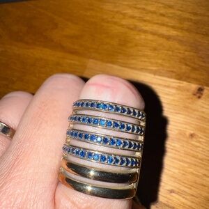 Elegant Gold & Silver with Bkue stones Women's Ring Sz8